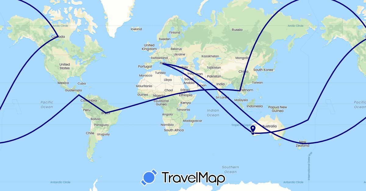 TravelMap itinerary: driving in Australia, Brazil, Canada, Costa Rica, Fiji, Italy, New Zealand, Thailand (Asia, Europe, North America, Oceania, South America)